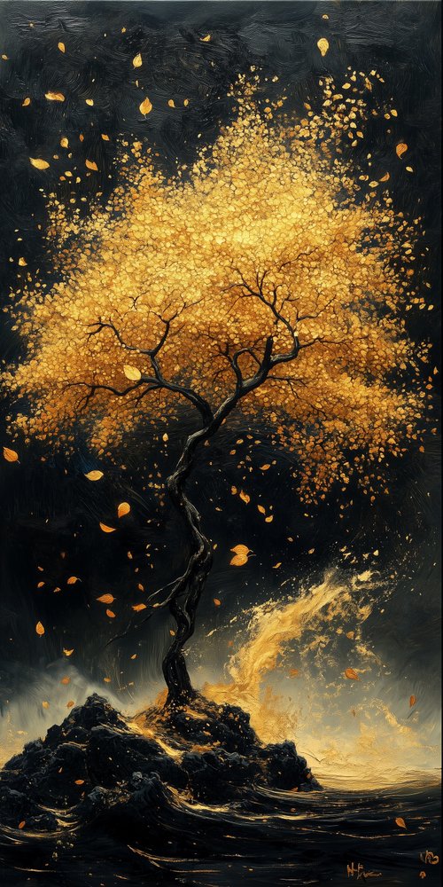 Golden tree with falling leaves wallpaper
