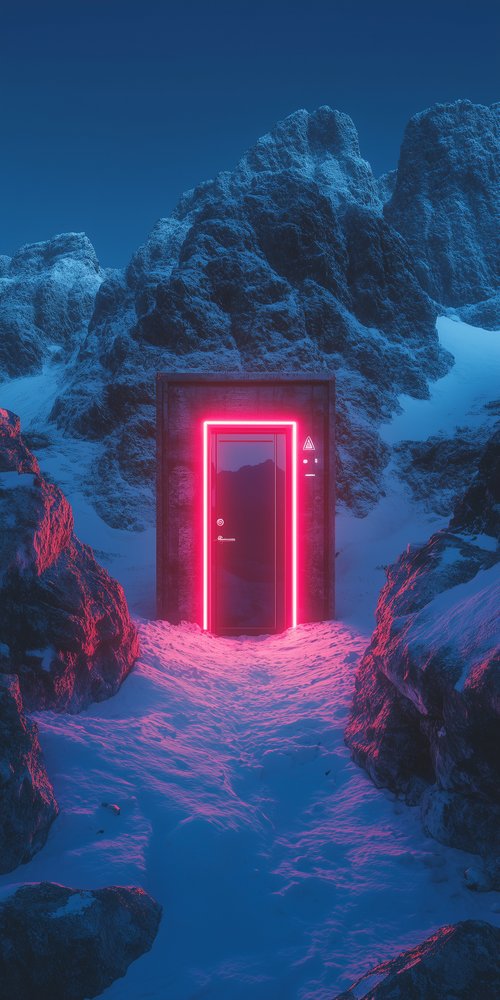 Neon door in snowy mountains wallpaper