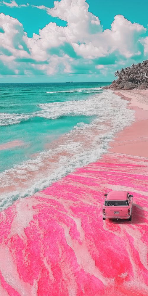 A car parked on a beach covered in pink dye wallpaper