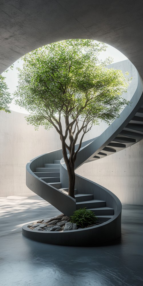 Spiral staircase around tree wallpaper