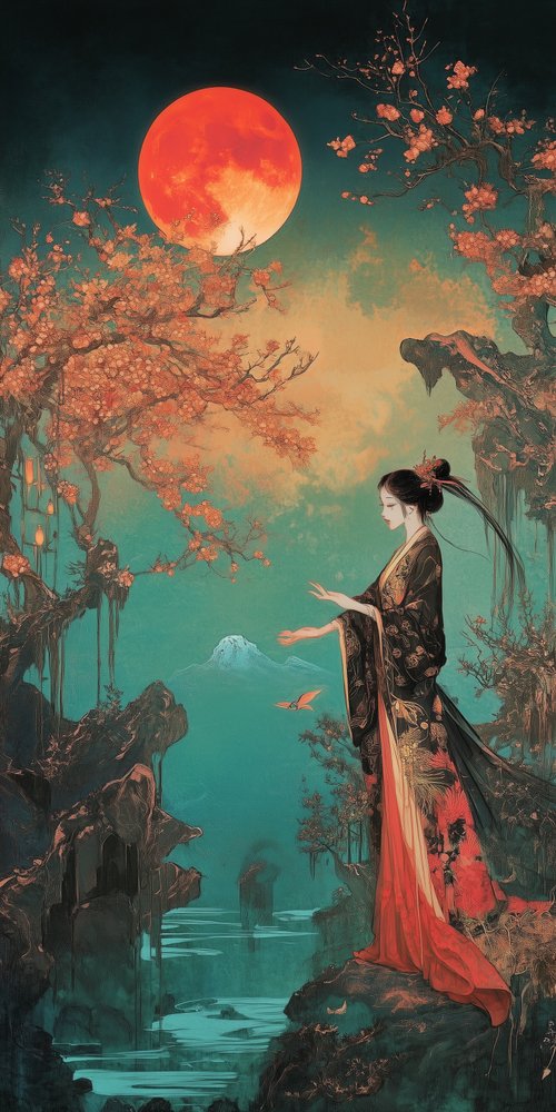 Woman under red moon landscape wallpaper
