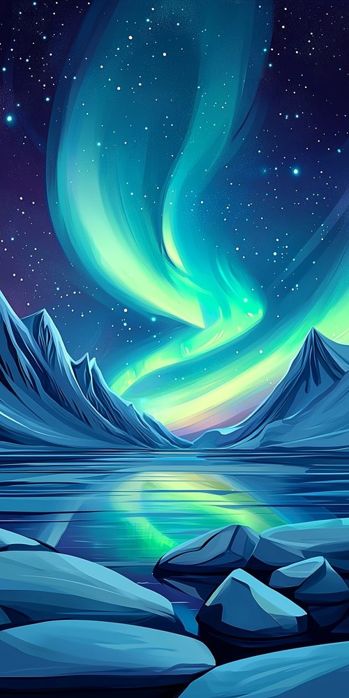 Aurora borealis over icy landscape wallpaper