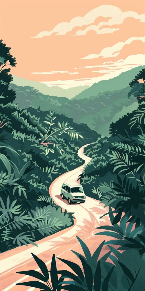 Van on winding forest road wallpaper