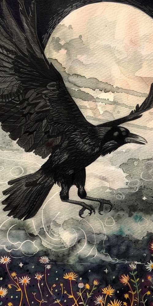 Raven flying near moon wallpaper