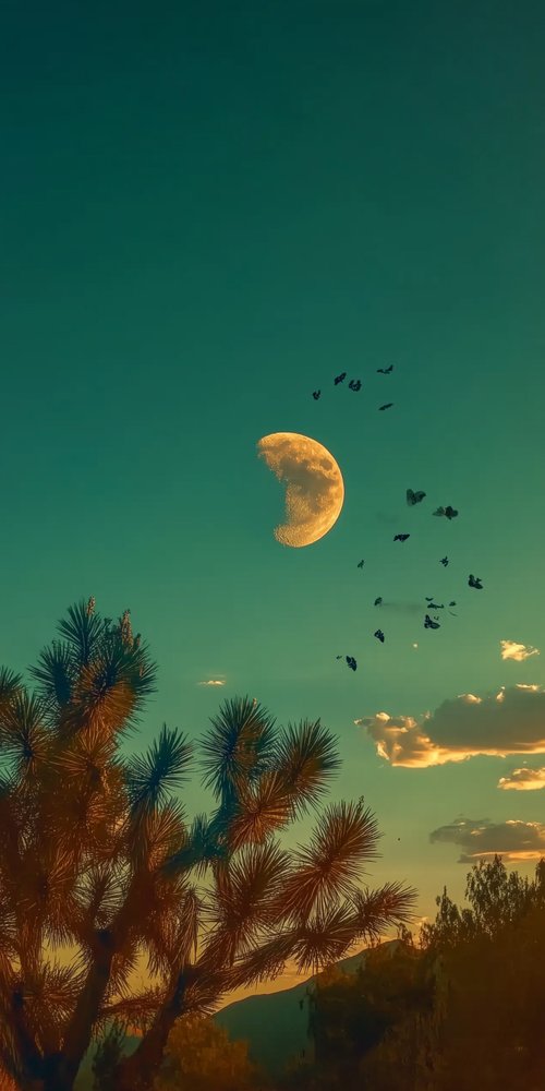 A full moon is seen in the sky above palm trees wallpaper