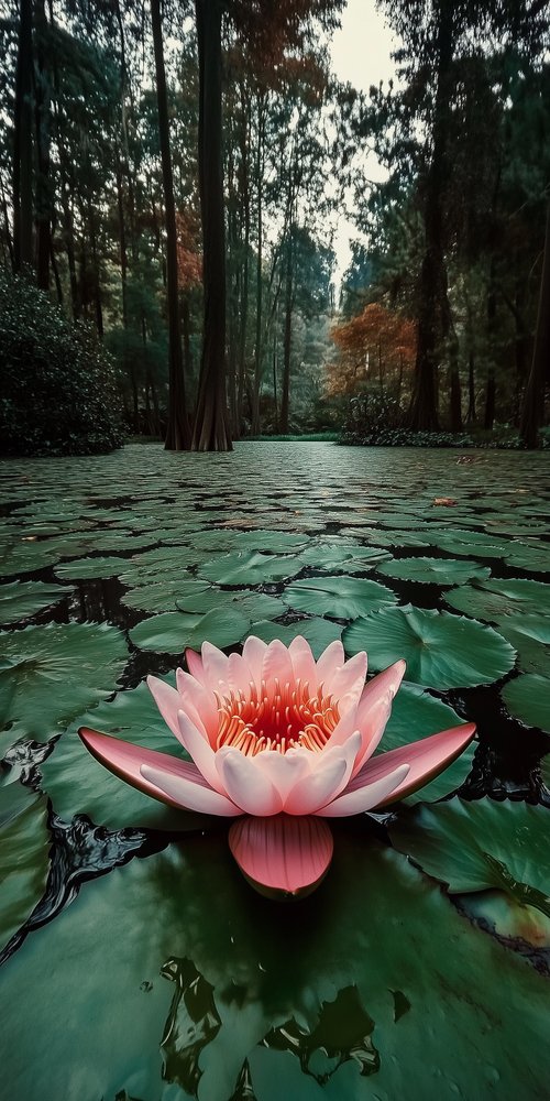 A pink flower floating on top of a green pond wallpaper