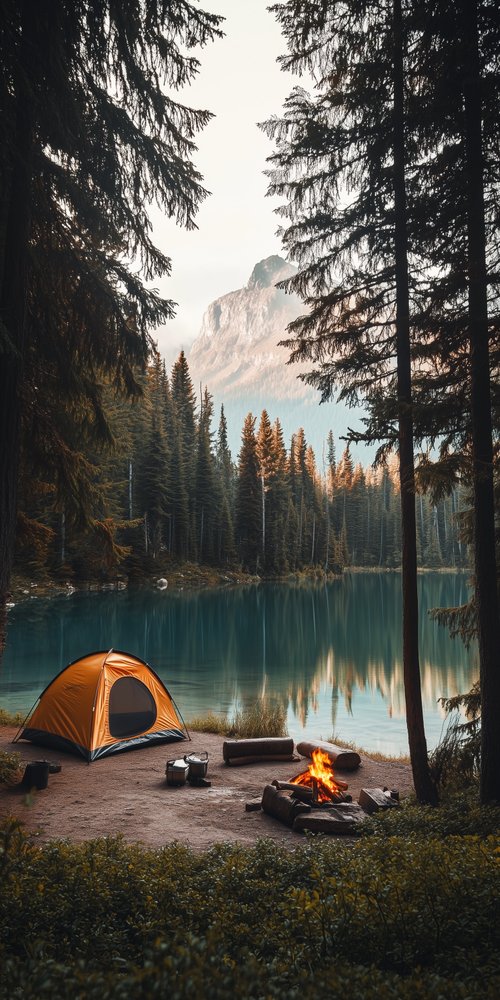 A tent is set up on a campsite by a lake wallpaper