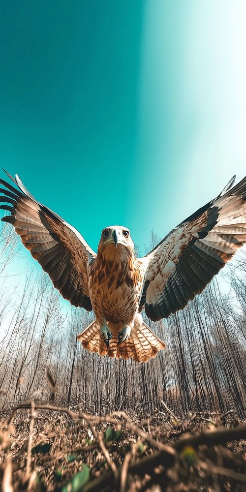A bird flying over a field of tall grass wallpaper
