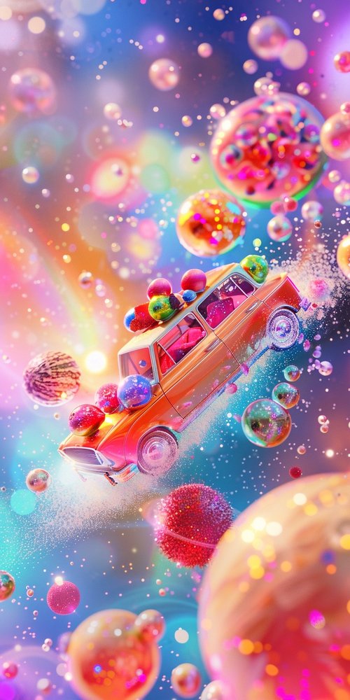 Colorful car with floating spheres wallpaper