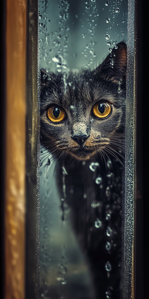 A cat looking through a window with rain