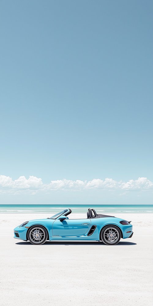 A Porsche 718 Boxter parked on a beach wallpaper