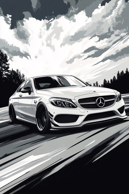 Illustrated mercedes benz on road wallpaper