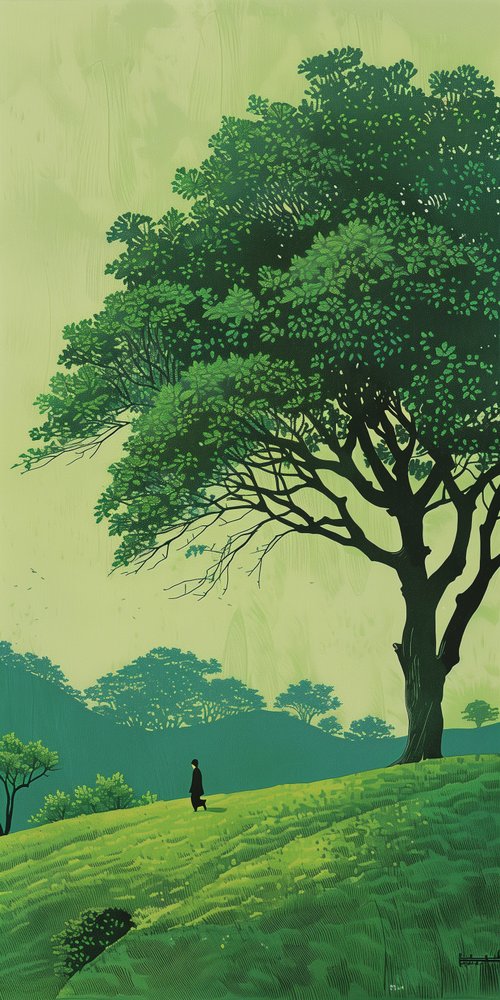 Person walking under large tree wallpaper