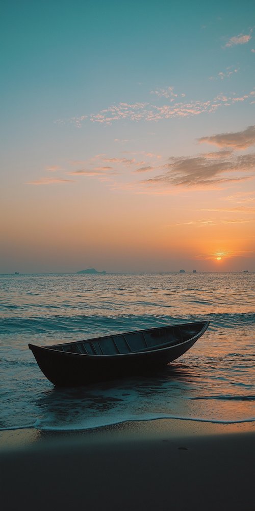 Boat sunset beach ocean serenity wallpaper