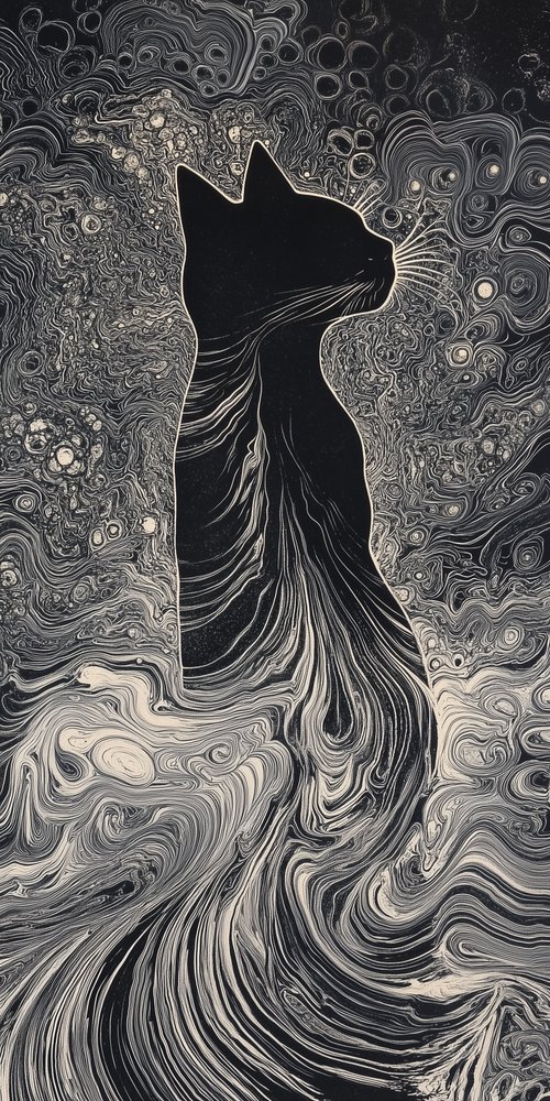 Abstract cat silhouette with swirls wallpaper
