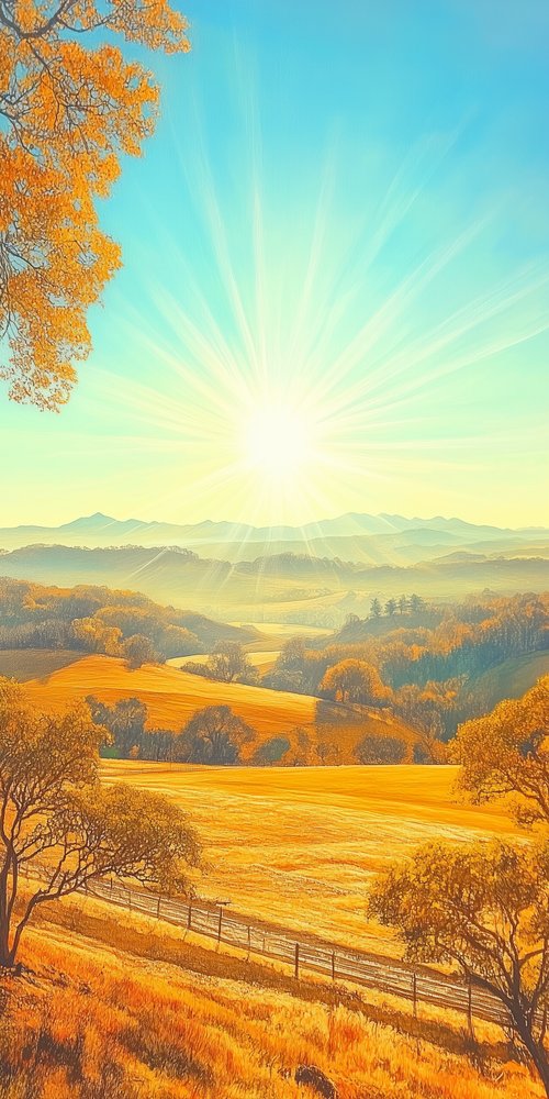 A painting of a sunset over a field wallpaper