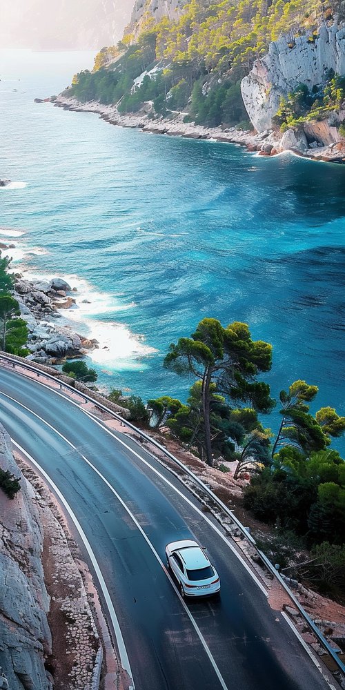 Car on coastal winding road wallpaper