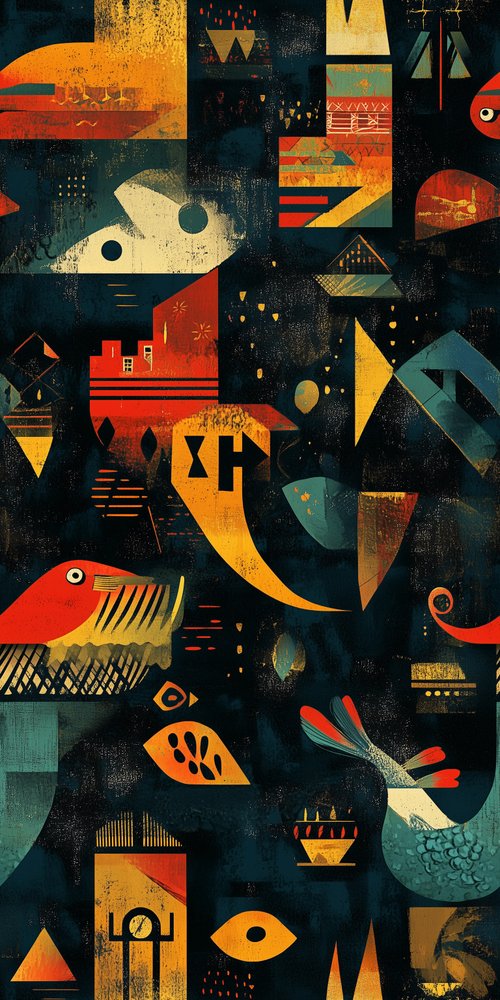 A colorful abstract painting with many different shapes wallpaper