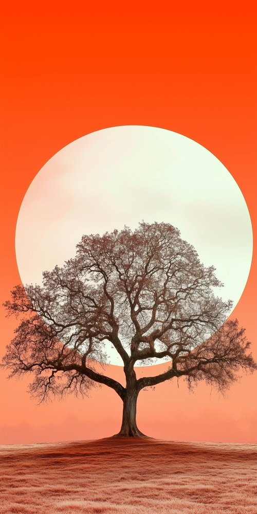 A tree in the middle of a field with a large sun in the background wallpaper