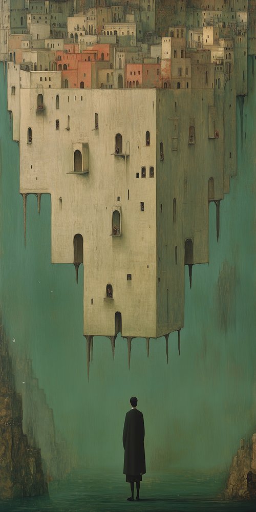 Surreal cityscape with figure wallpaper