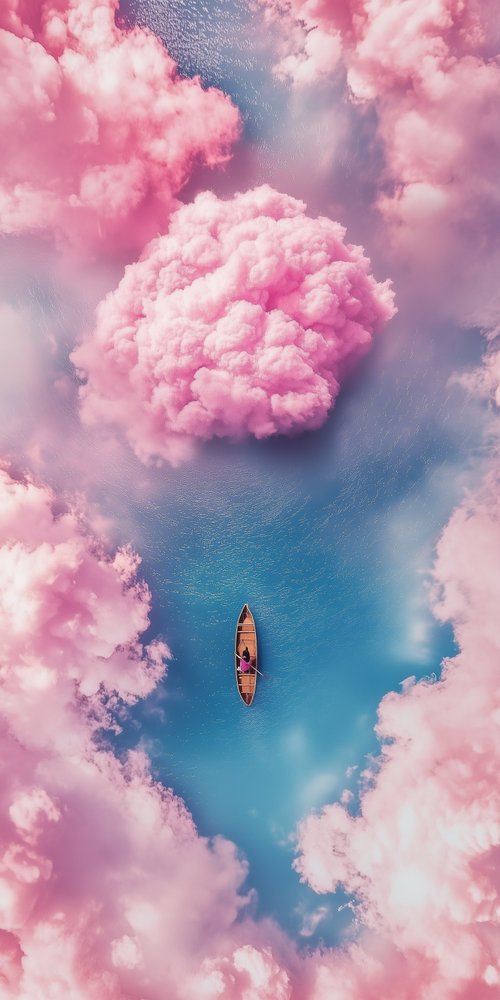 Boat surrounded by pink clouds wallpaper