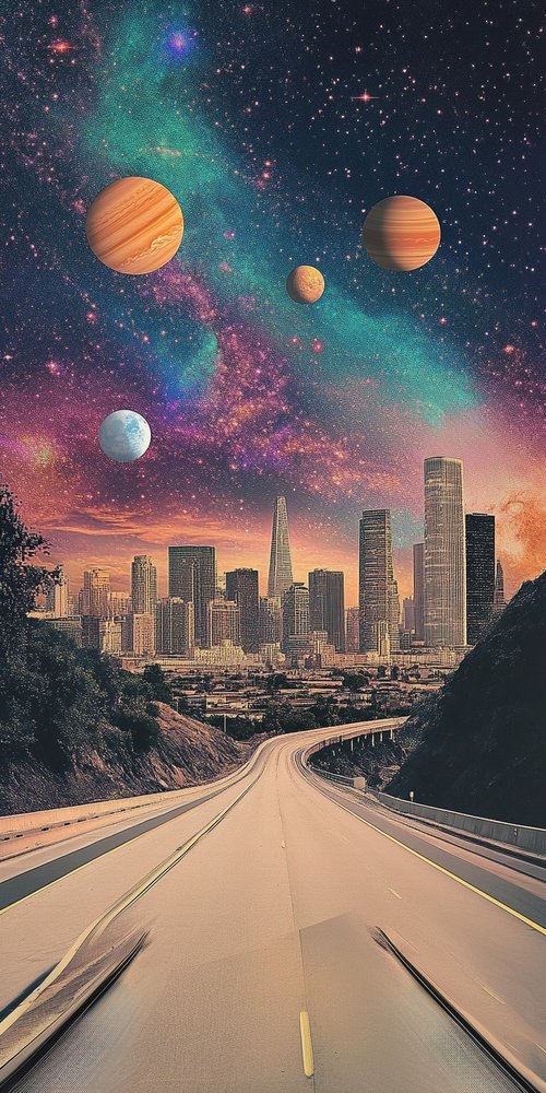 Surreal cityscape with planets wallpaper
