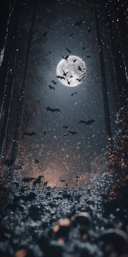 Bats flying in moonlit forest wallpaper