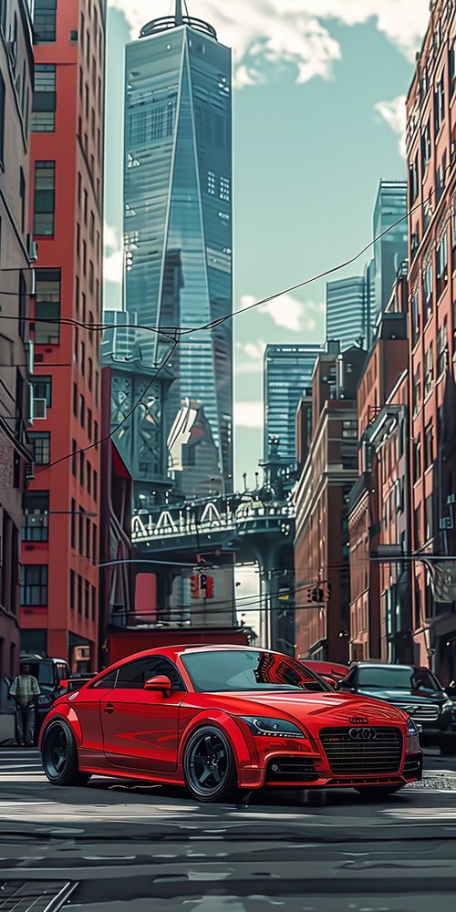 Red car in urban setting wallpaper