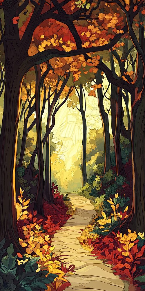 Colorful forest path illustration wallpaper