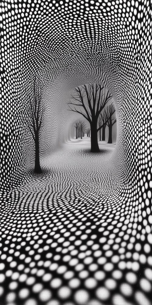 A black and white image of a tunnel with trees wallpaper