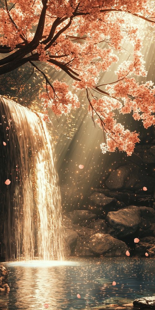 Cherry blossoms and waterfall scene