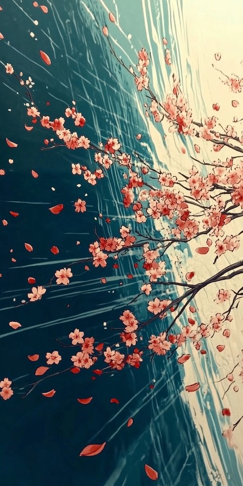 A painting of a tree with pink flowers wallpaper