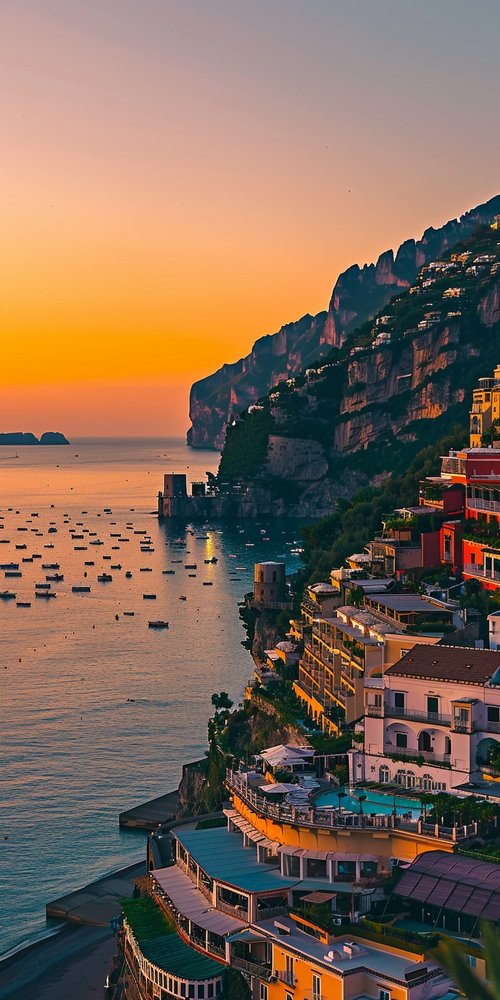 Coastal town at sunset wallpaper