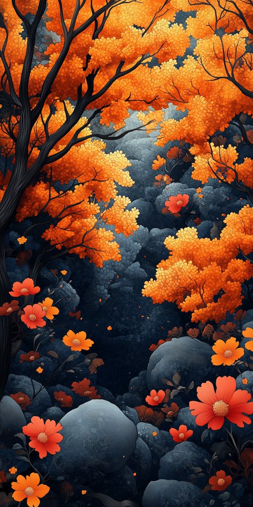 Orange flowers and tree illustration wallpaper