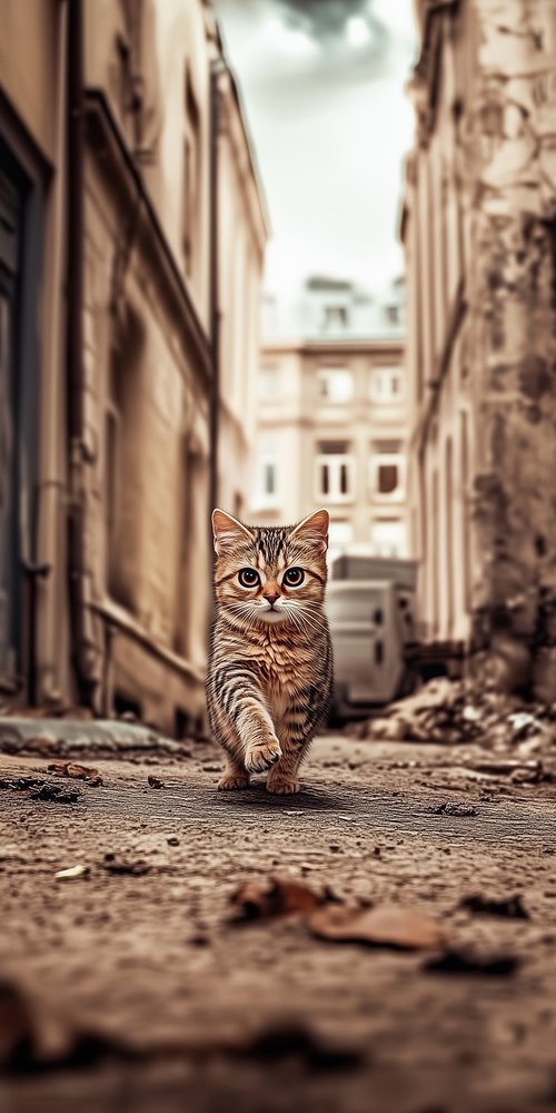 A cat walking down a street in a city wallpaper