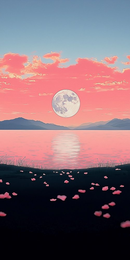 Moon over pink lake wallpaper