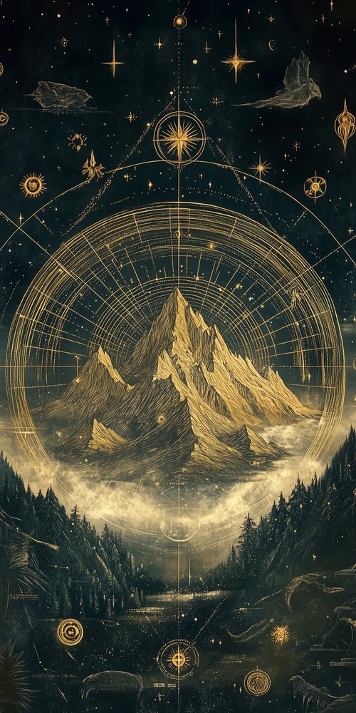 A mountain scene with a star and a mountain range wallpaper