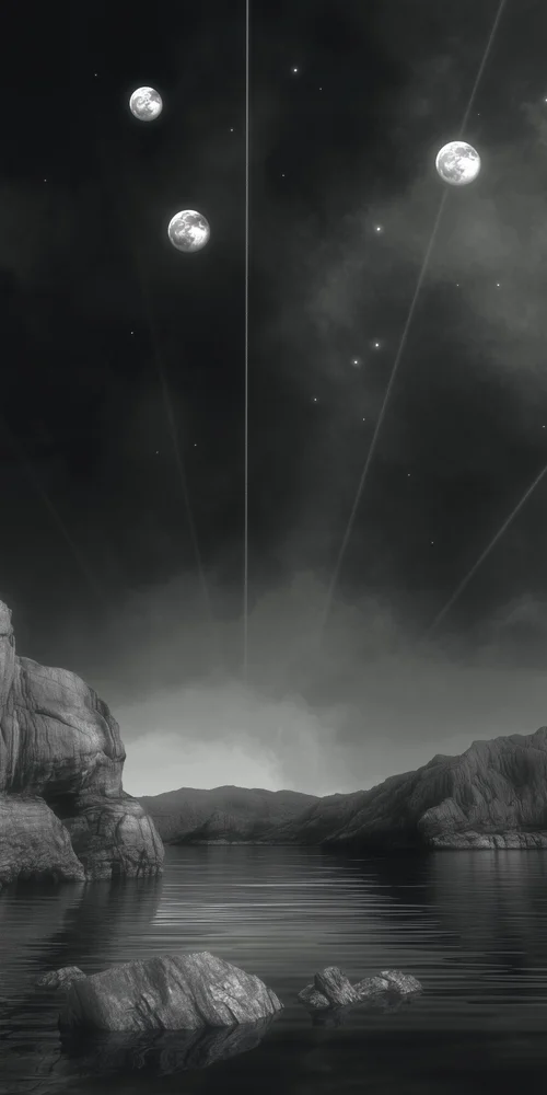 A black and white photo of a lake with rocks and a moon wallpaper