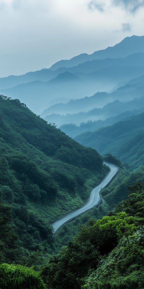 Winding road through misty mountains wallpaper