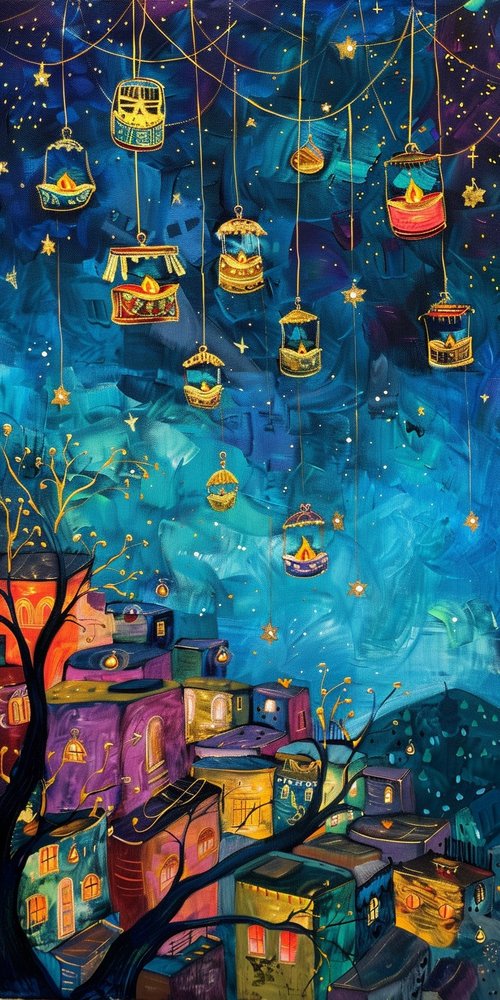 Lanterns hanging over colorful town wallpaper
