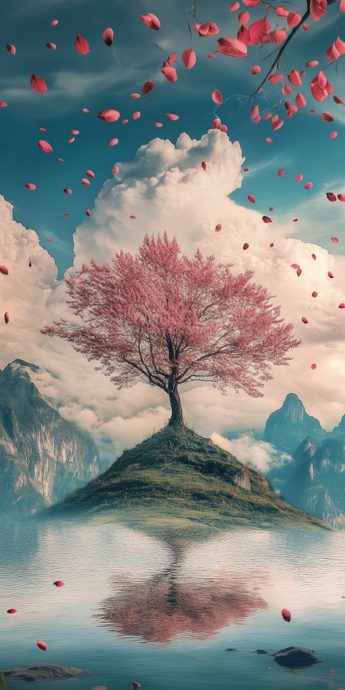 Pink tree floating petals reflection wallpaper