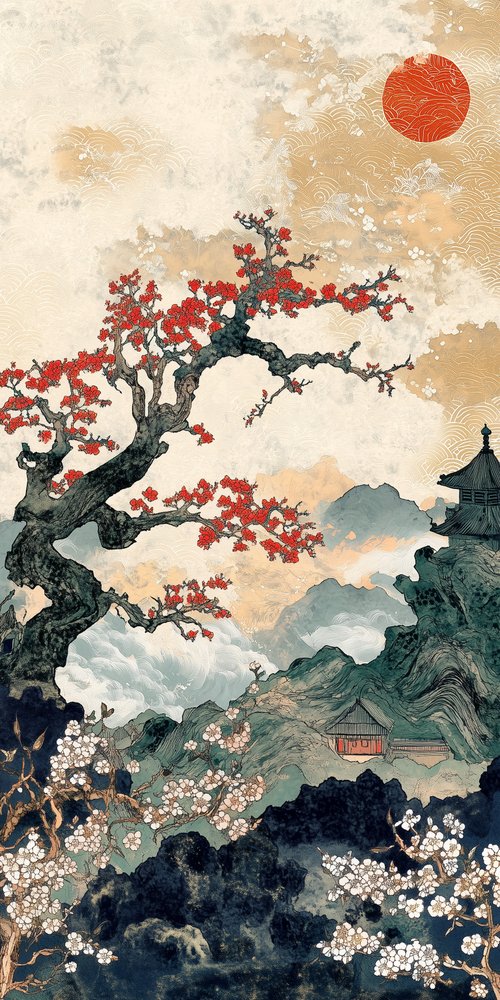 Japanese landscape with cherry blossoms wallpaper