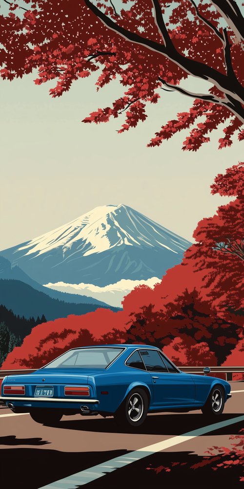 Blue car mountain red trees wallpaper