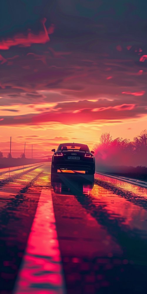 Car on wet road sunset wallpaper