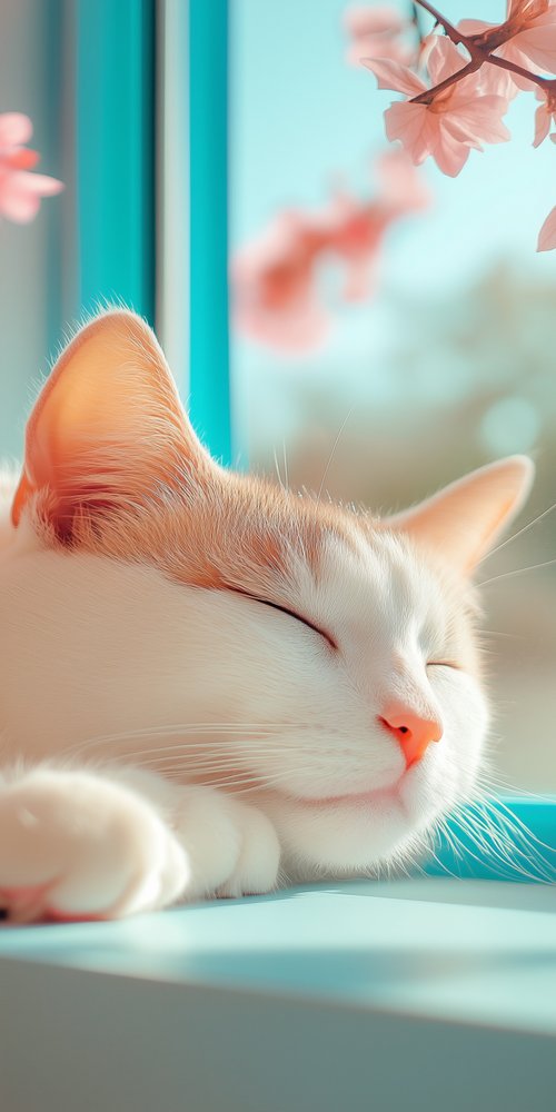 A white cat sleeping on a window sie wallpaper