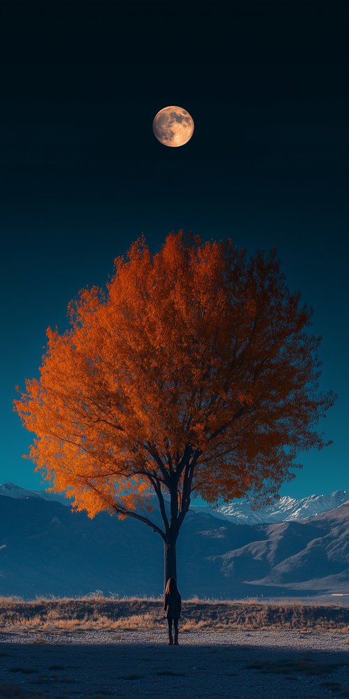 A tree with a full moon in the background wallpaper