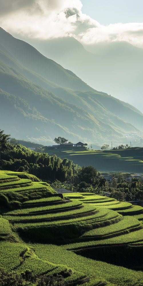 Terraced fields with mountains wallpaper