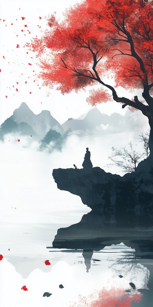 Silhouette under red tree mountains wallpaper