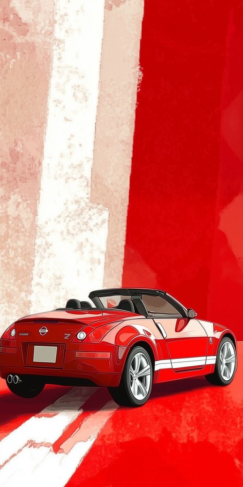 A red sports car parked on a red and white striped road wallpaper