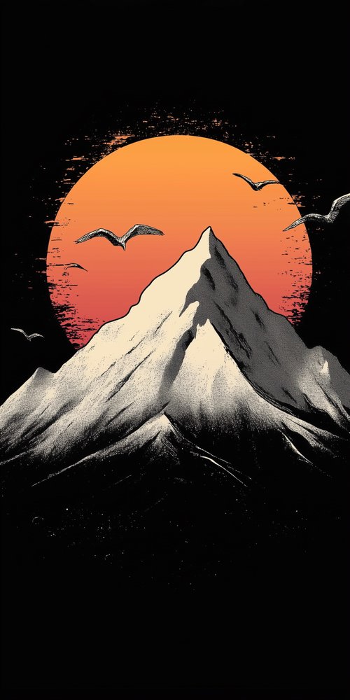 A black and white poster with a mountain and birds flying over it wallpaper